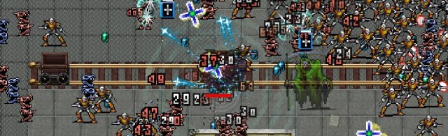 Vampire Survivors screenshot of stalker and a hoard of enemies advancing on the player in the Dairy Plant stage.