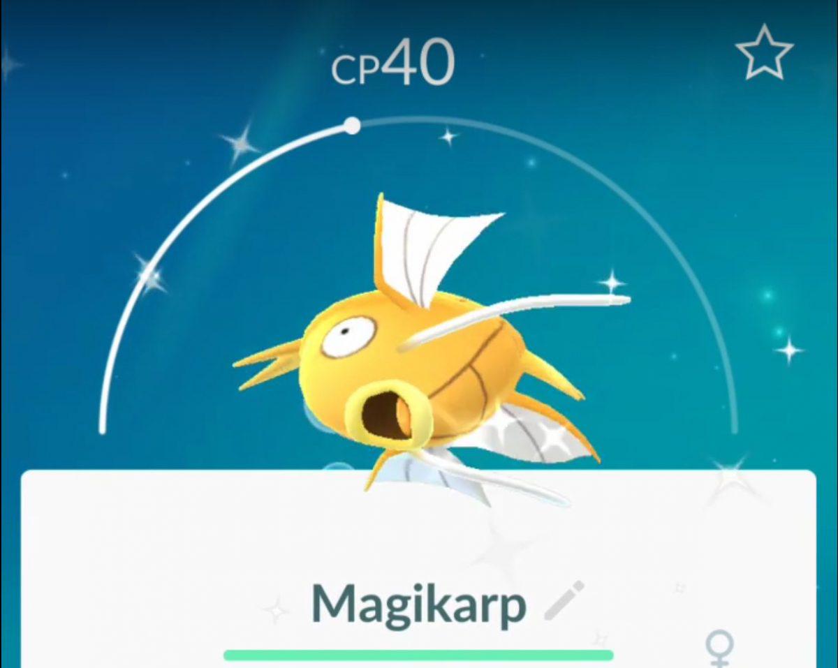 Pokemon GO screenshot of shiny Magikarp in the Pokemon summary screen.