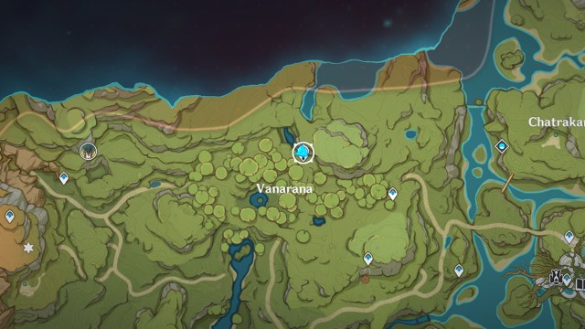 A Genshin Impact screenshot of the Sumeru region map, highlighting the Statue of the Seven in Vanarana.