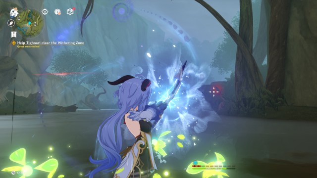 Screenshot of Ganyu destroying Withering Zone Branch in Genshin Impact