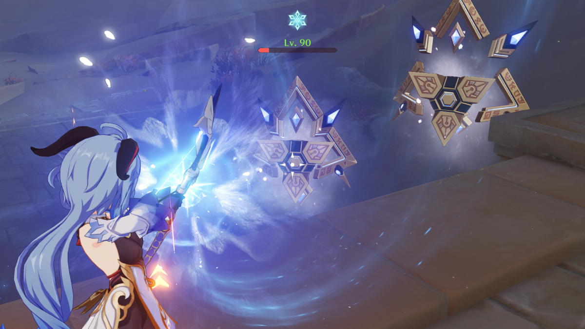 Screenshot of Ganyu attacking two Primal Constructs in Genshin Impact.