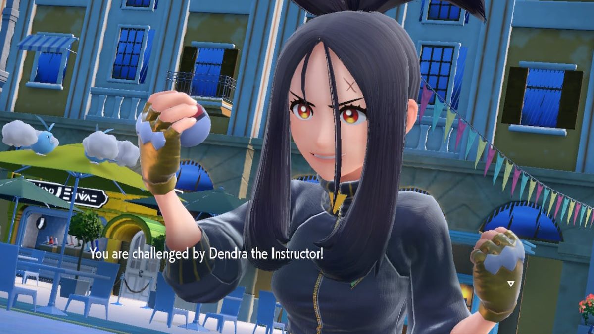 Screenshot of Dendra the instructor challenging the player character in Pokemon Scarlet and Violet.