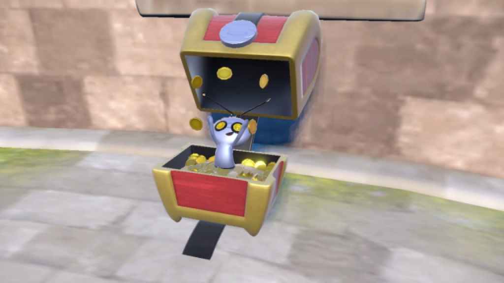 Pokemon Scarlet and Violet screenshot of chest-form Gimmighoul throwing coins into the air.