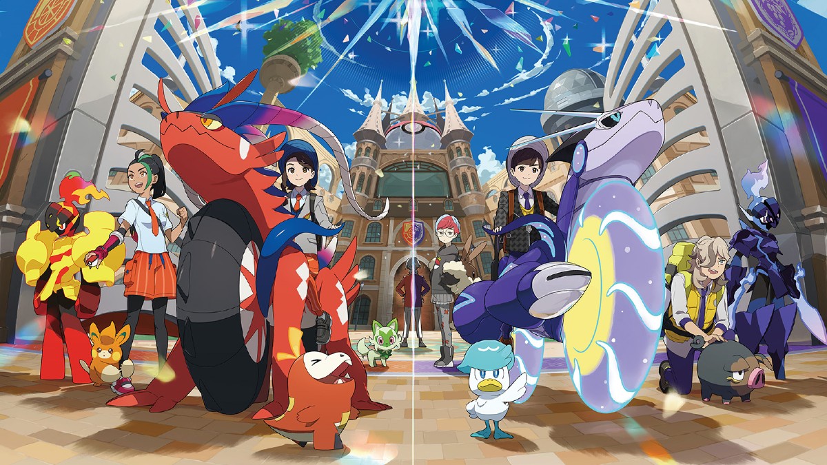 Pokemon Scarlet and Violet official artwork of player characters riding Koraidon and Miraidon in Mesagoza.