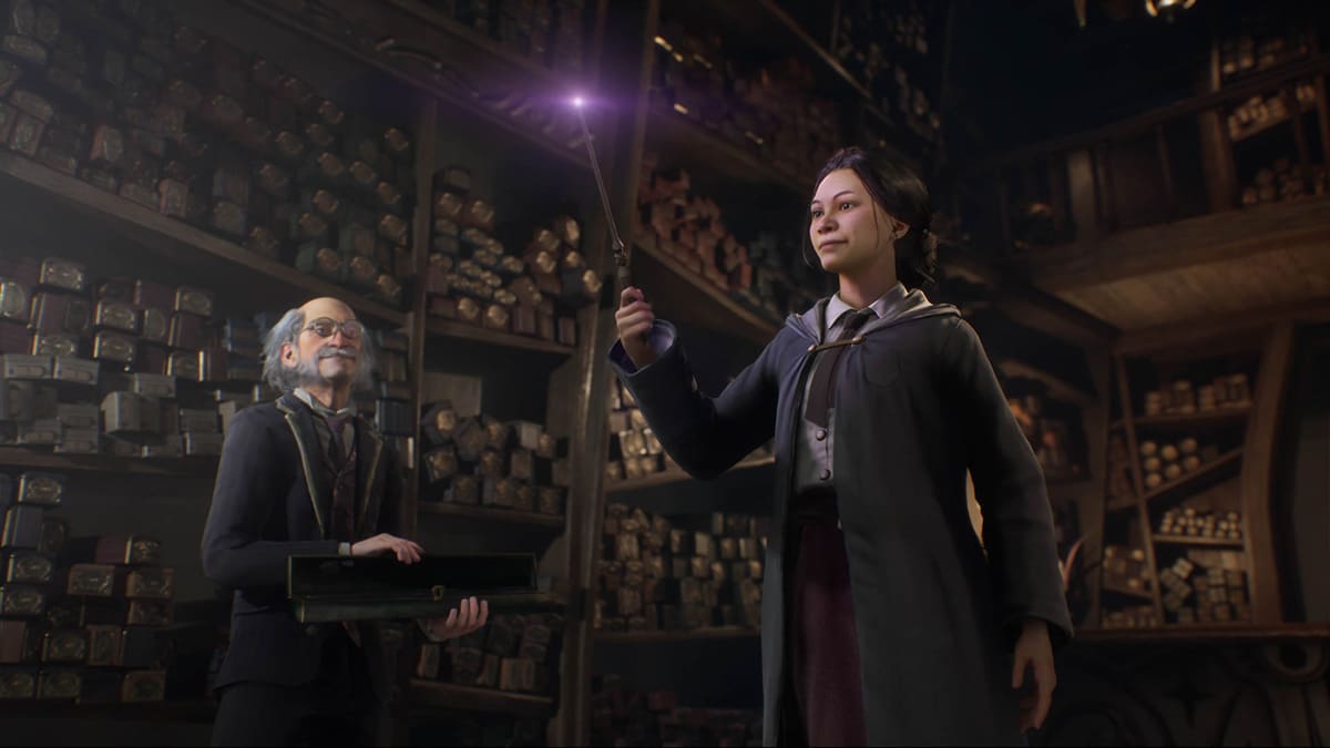 Hogwarts Legacy main character choosing a wand at Olivander's wand shop