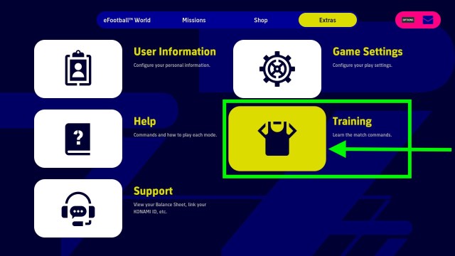 eFootball 2023 Training Settings Menu