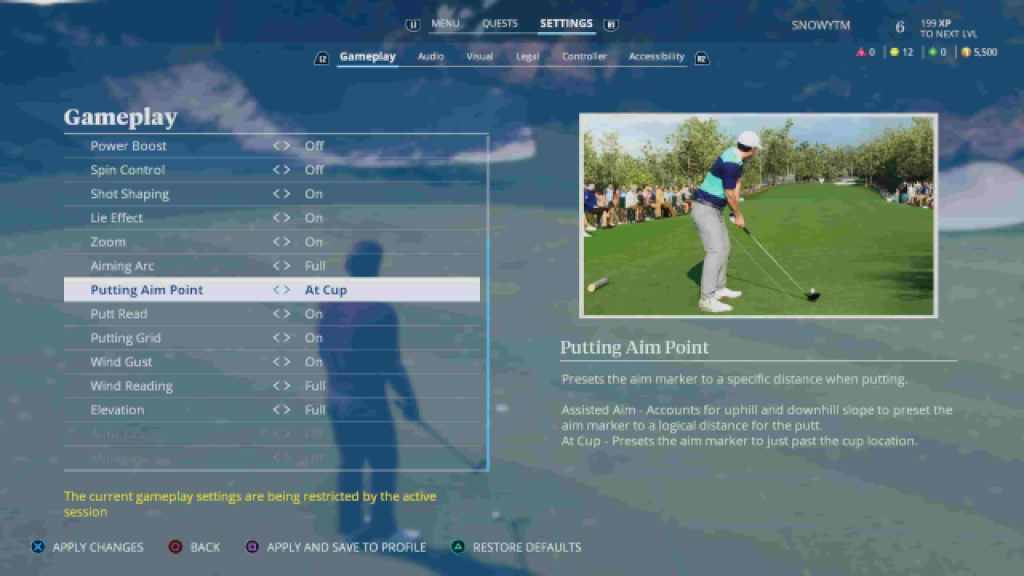 EA Sports PGA Tour | Settings Menu in-game