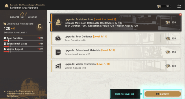 Exhibition Area Upgrade Menu Screen for Honkai: Star Rail Museum Event