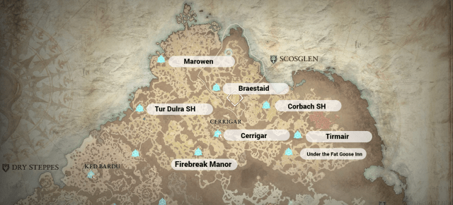 Diablo 4 Scosglen map with all Waypoint locations shown.