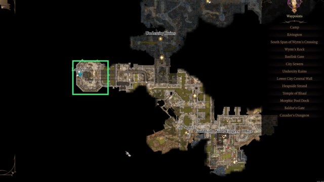 bg3 screenshot of the lower city sewers map, with a green box over the abandoned cistern where minsc is located