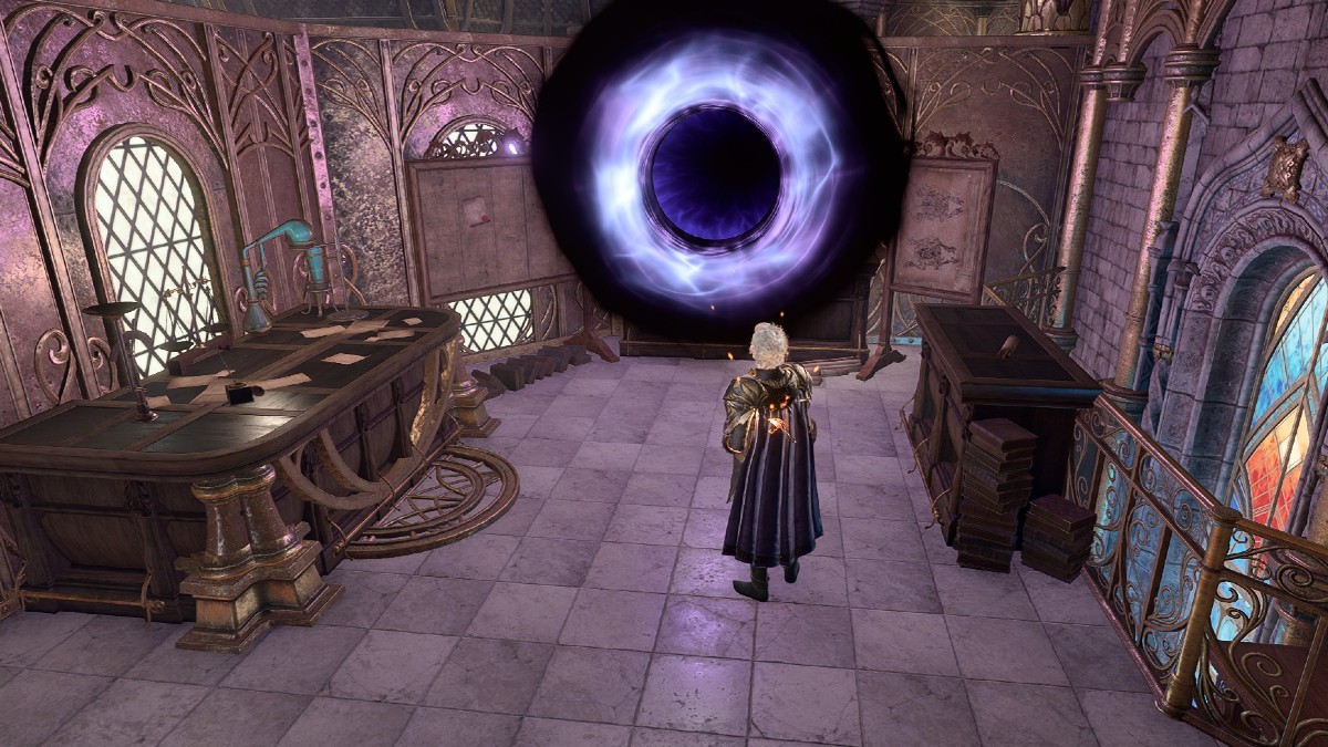 BG3 screenshot of a blue portal in Tolna Tome-Monger's office in Sorcerous Sundries