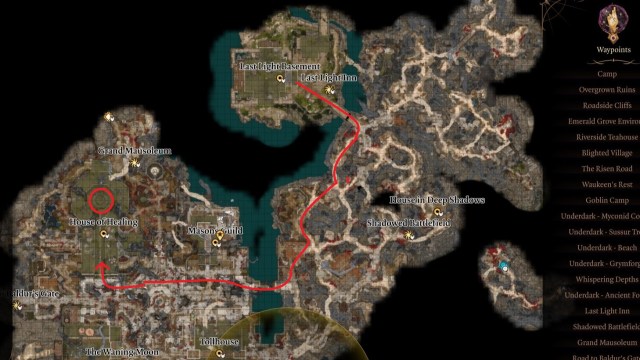 bg3 screenshot of the shadow-cursed lands map showing the location of the house of healing.