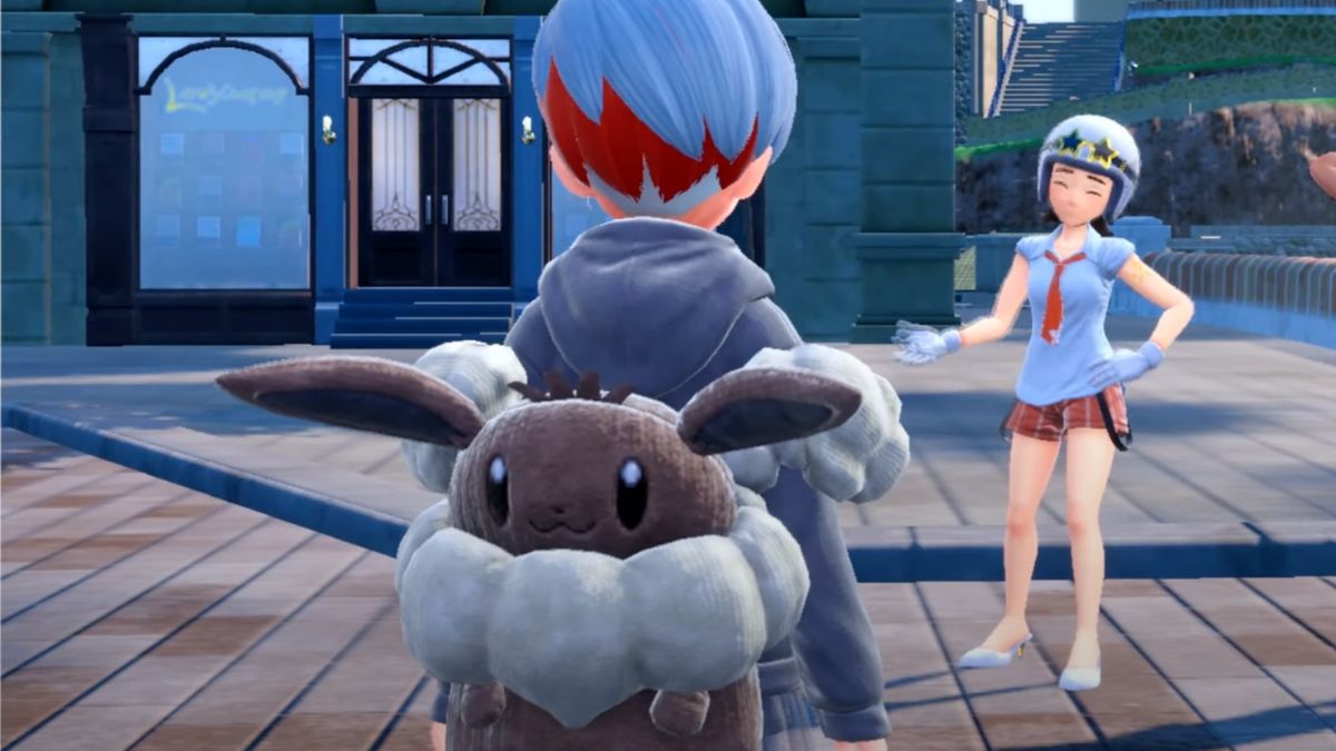 Pokemon Scarlet and Violet screenshot of Penny's Eevee backpack on Penny's back.