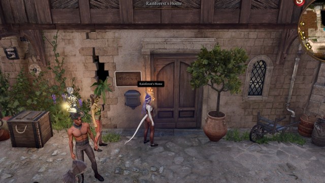 BG3 screenshot of Tav standing outside the front doors of Rainforest's Home