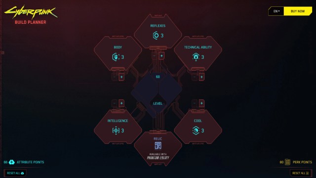 Cyberpunk 2077 screenshot of the build planner attribute menu.