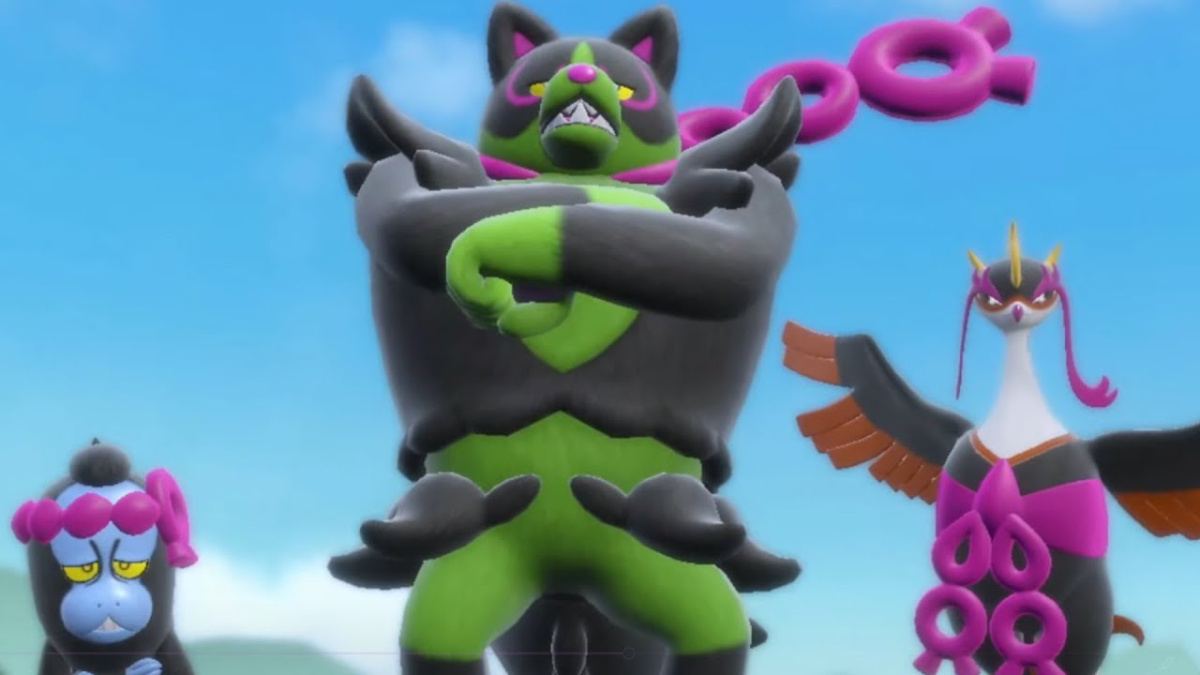 A Pokémon Scarlet and Violet: The Teal Mask screenshot of Munkidori, Okidogi, and Fezandipiti.