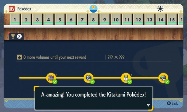 Screenshot of all Kitakami Pokédex rewards earned in Pokémon Scarlet & Violet: The Teal Mask.
