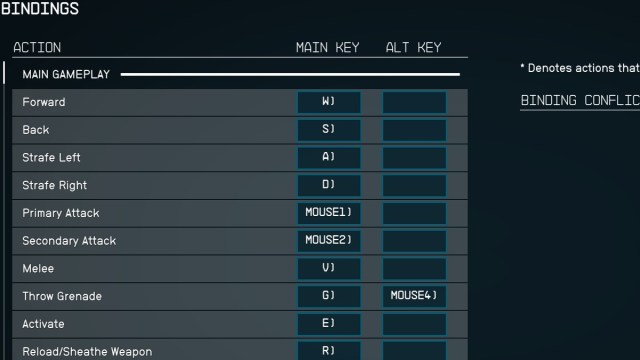 Starfield Bindings Settings