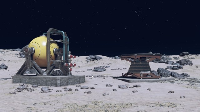 Starfield screenshot of of a Helium-3 Extractor on a rocky moon-like surface.