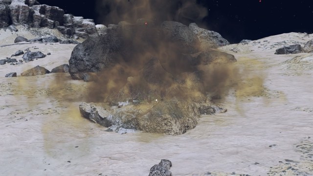 Starfield screenshot of Helium-3 gas flowing out of a vent on a rocky moon-like surface.