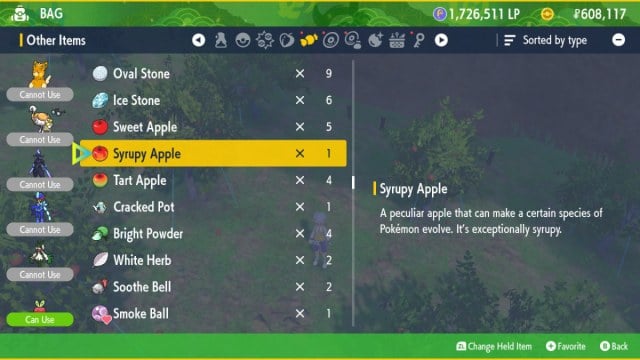 Pokémon Scarlet & Violet: The Teal Mask screenshot of the Other Items menu with the Syrupy Apple highlighted.