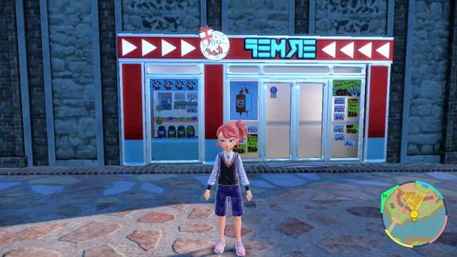 Pokemon Scarlet and Violet player character standing in front of a Delibird Presents shop in Mesagoza.