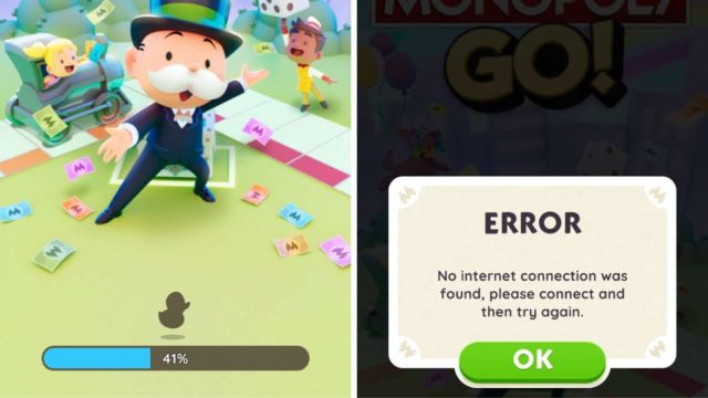 Screenshot of the "No internet connection error was found" error in Monopoly GO.