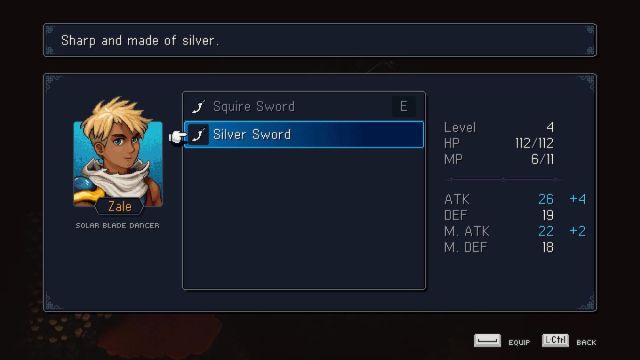 Screenshot of the equipment menu in Sea of Stars.