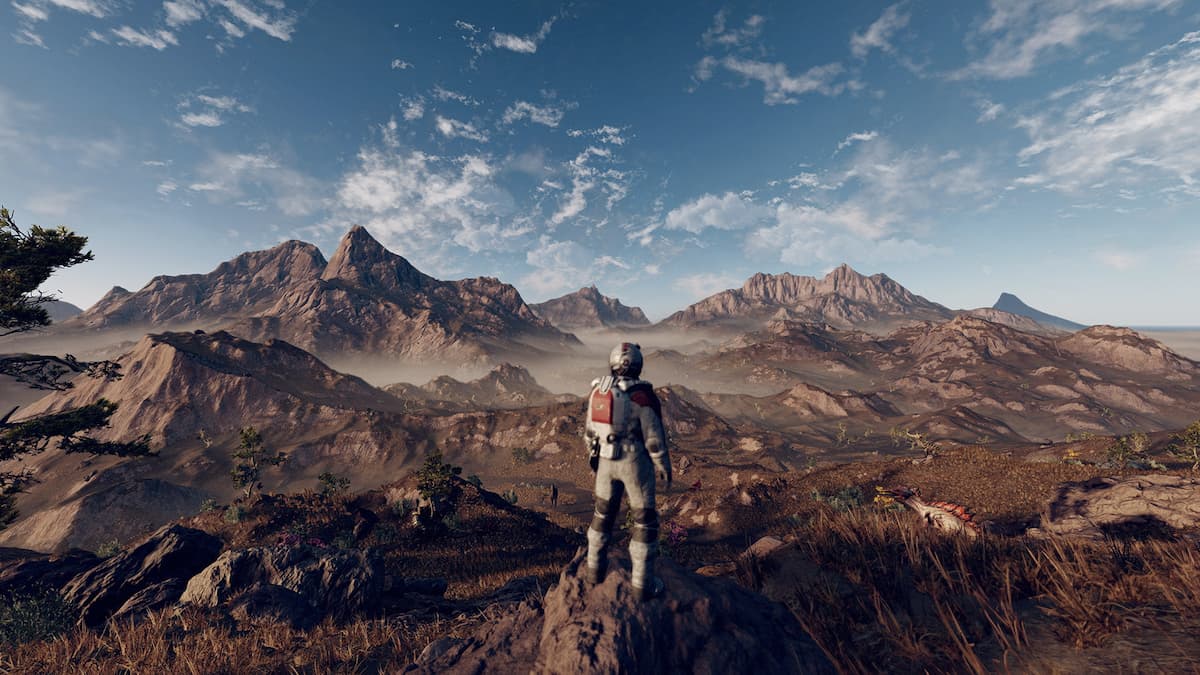 Starfield player standing on a rocky landscape