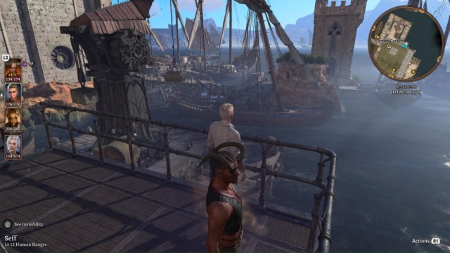 BG3 screenshot of a custom character and Wyll standing on the metal balcony of Flymm Cargo, looking out over the Counting House dock with several ships clustered together.