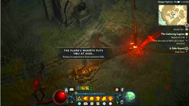 Diablo 4 screenshot of a stoked campfire at a legion event with the on-screen message "the flame's warmth puts you at ease."