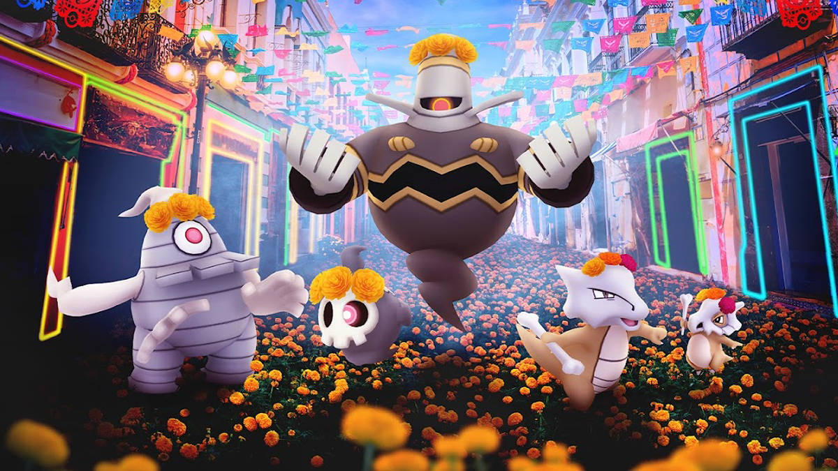 Image of costumed Dusnkoir, Dusclops, Duskull, Marowak, and Cubone in the Pokémon GO Día de Muertos event.