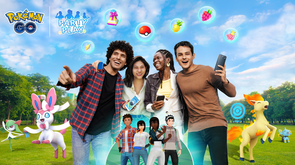 Image of players doing a party challenge in a park for Pokémon GO.