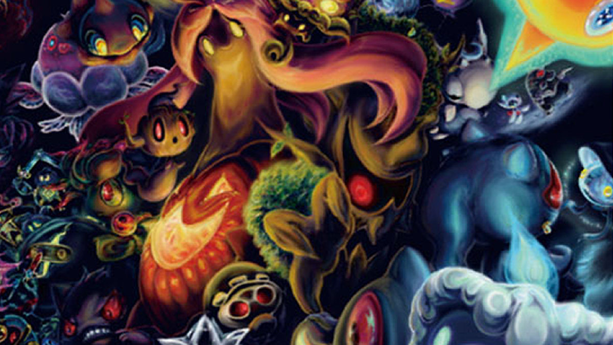 An official Pokémon TCG illustration of many Ghost-type Pokémon.