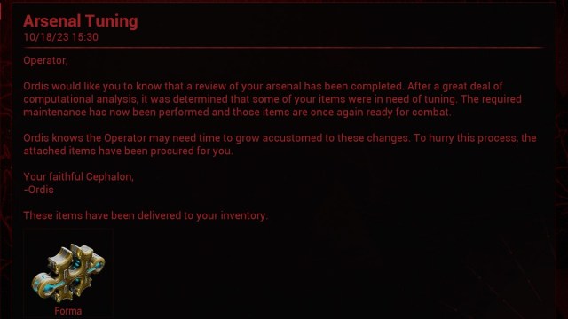 Warframe Arsenal Tuning Message