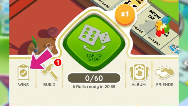 a screen of the win icon in the bottom left in Monopoly GO