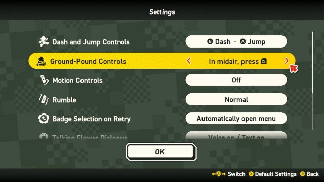 Settings menu in Super Mario Wonder