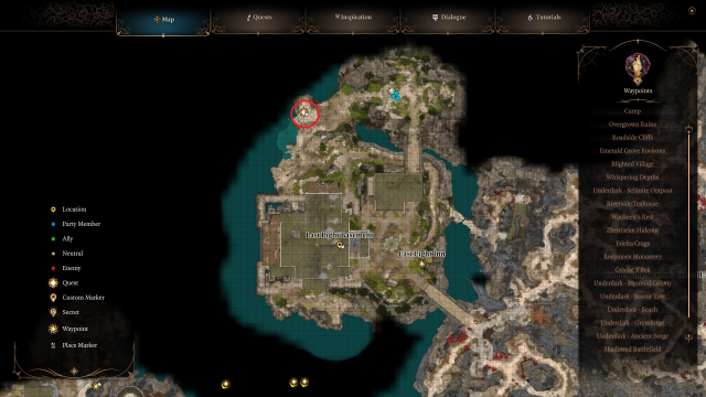 bg3 screenshot of the shadow-cursed lands map showing the Portal location