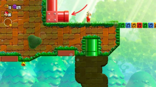 Screenshot of the red warp pipe Piranha Plants on Parade secret exit in Super Mario Wonder.