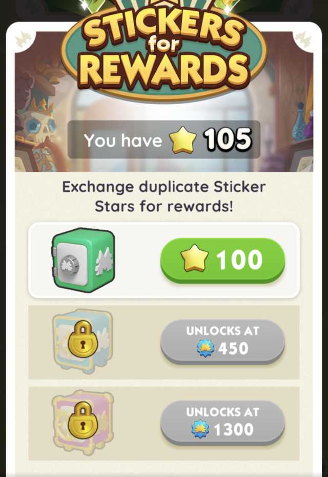 Monopoly GO Stickers for Rewards page