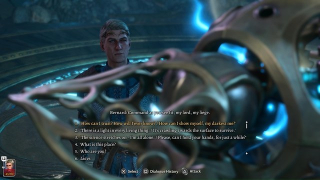 BG3 screenshot of Bernard's commands in the Arcane Tower