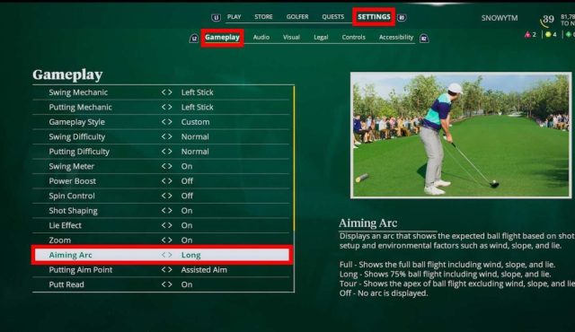 change aim arc in gameplay settings | pga tour