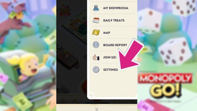 Settings option in Monopoly GO