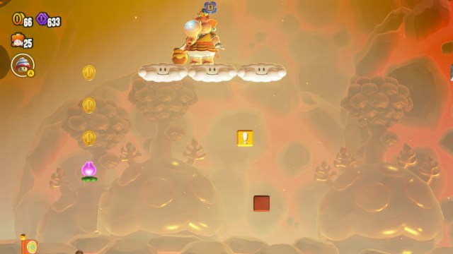 A Super Mario Bros. Wonder screenshot of Elephant Daisy on a cloud platform with coins and a flower leading downwards.