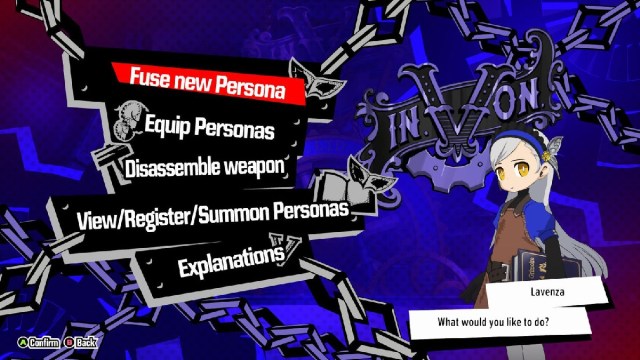 Lavenza in the Velvet Room menu of Persona 5 Tactica