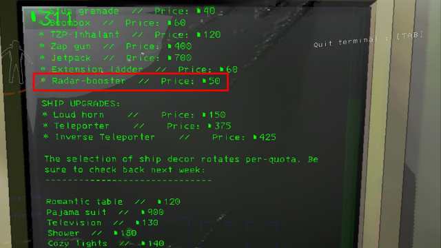 Lethal Company screenshot of the radar booster in the store