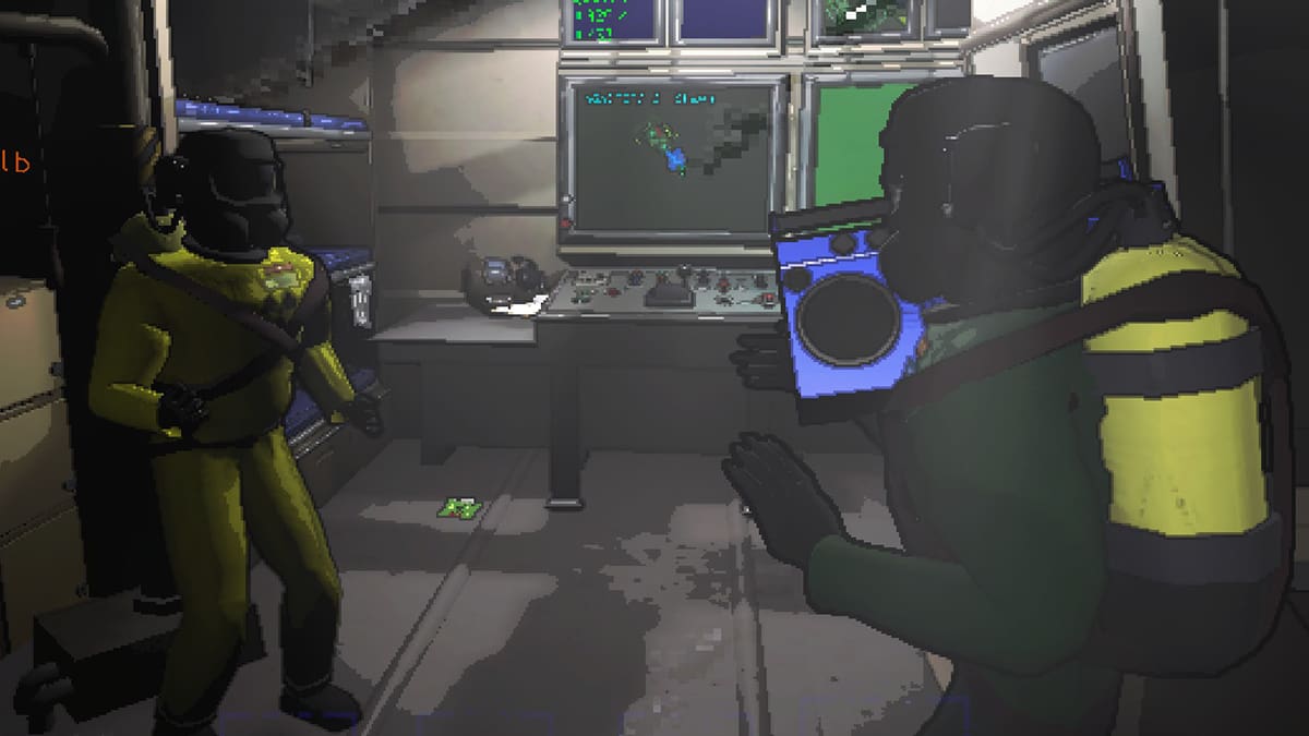 Lethal Company screenshot of two teammates dancing on the ship with a boombox