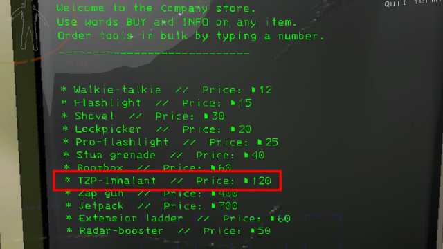 Lethal Company screenshot of TZP Inhalant for sale in the terminal store
