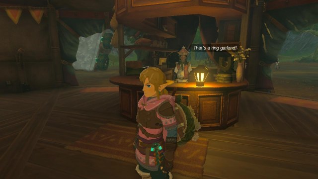 NPC noticing Link's ring garland shield in Tears of the Kingdom