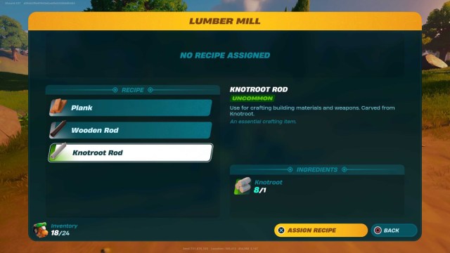 Lumber Mill Crafting menu in LEGO Fortnite